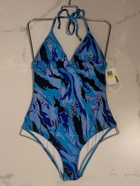 Blue Abstract Print One-Piece Swimsuit